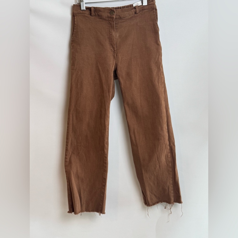 Oak + Fort Women’s Sz Small Brown Straight Leg Cropped Stretch Pants Raw Hem